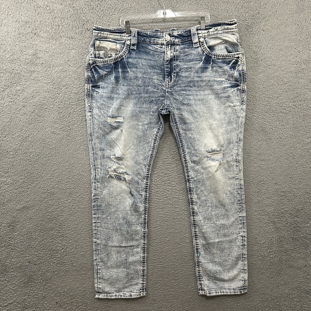 Rock Revival Jeans Mens 42x34 Blue Denim Meyrick Straight Light Wash Flap Y2K